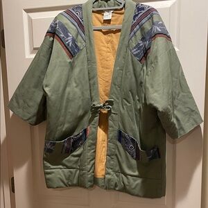 Green Kimono Jacket with Patterned Accents on pockets and shoulder.  Fits 12-16